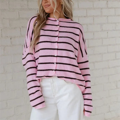 Contrast Striped Loose Cardigan for Women Long Sleeve Button Down Knit Winter Casual Daily Minimalist Sweater Outerwear