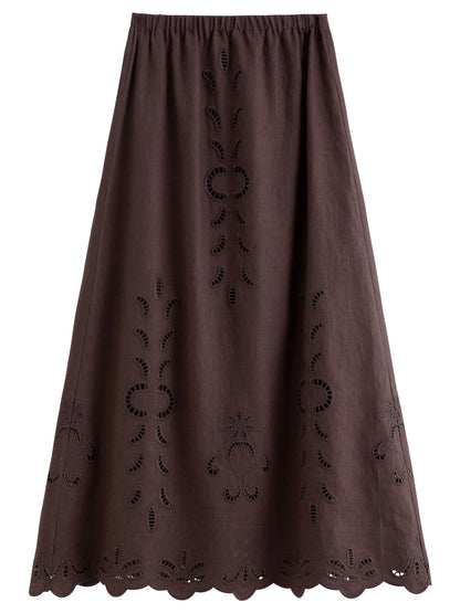 FSLE【Premium Series】Summer Women Linen Two Piece Set Cut-Out Embroidered Sleeveless Top Midi Skirt Boho Beach Vacation Style