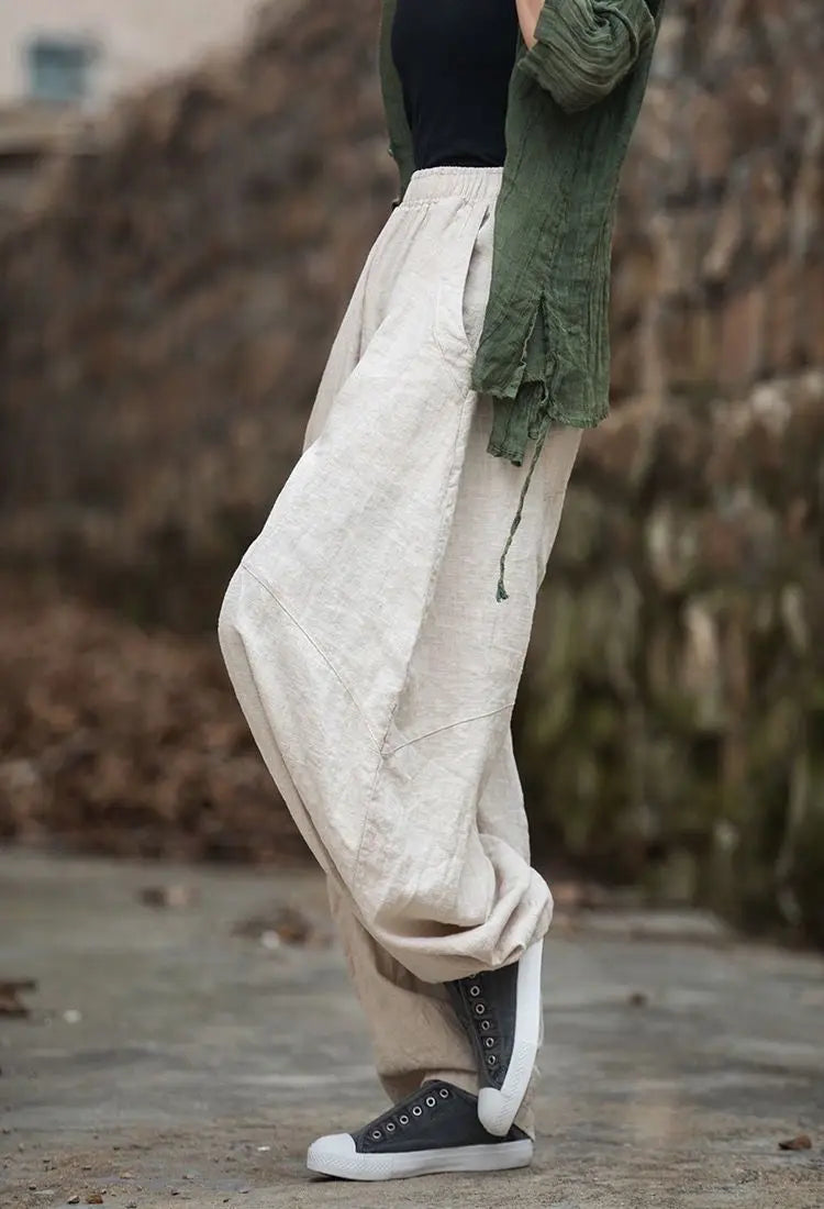 Elegant Women's Cotton Linen Baggy Cargo y2k Pants Vintage Elastic Waist Trousers Loose Casual Long Wide Leg Oversize Clothes