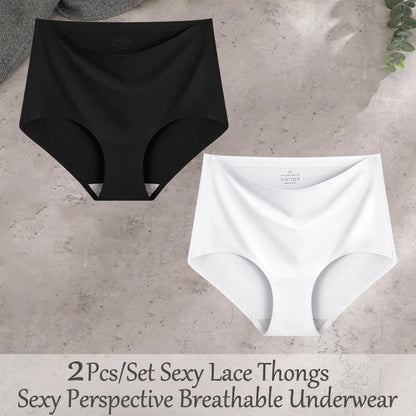FINETOO 2Pcs/Set Summer Traceless Ice Silk Panties For Women Solid Color High Waist Underpants Female Breathable Sexy Lingerie