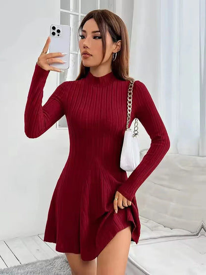 Slim Fit A-Line Dress – Women's Office Waist Cinched Mini Skirt Dress, Autumn Winter