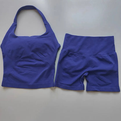 2PCs Peach High Waist Belly Hip Lifting Sports Bras Shorts Suit Gathering Shock-proof Neck Halter Yoga Suit Running Fitness Set