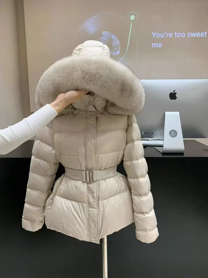 Korean New Winter Slim Waist Fitted Plus Size Thick Down Cotton Parkas Women Big Fur Collar Warm Coat Fashion Trendy Warm