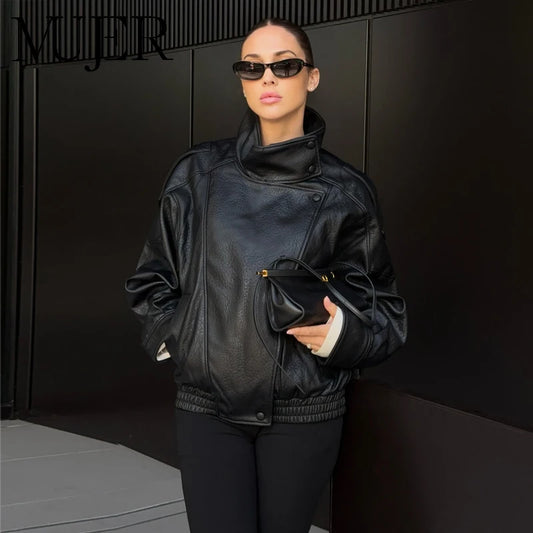 Faux Leather Jacket – Women's Bomber Jacket With Snap Button | Office Outerwear Coat
