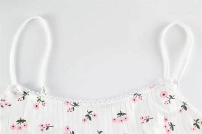 Y2K Cute Ditsy Floral Pajama Set Womens Ribbed Knit Cami Crop Top and Ruffle Shorts Two Piece Loungewear Lace Trim Sleepwear New