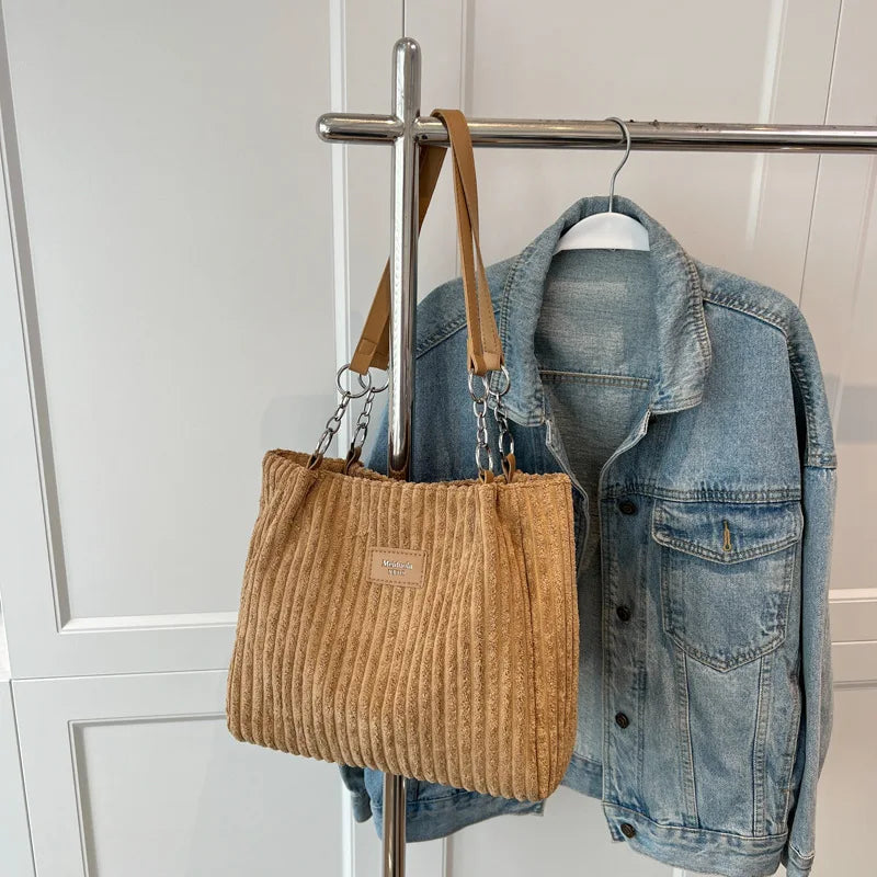 Corduroy Shoulder Handbag – Women's Soft Cotton Shopping Bag With Zipper Closure