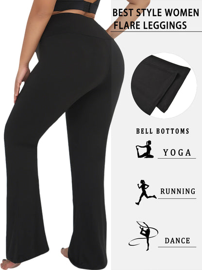 Plus Size Women's Super Soft High Waisted Flare Pants, Leggings Tummy Control Soft Bootleg Bell Bottoms Running