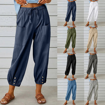 Cotton Linen Harem Pants Women Casual Elastic High Waist Lace Up Loose Ankle Trousers Vintage Harajuku Wide Leg Straight Pants