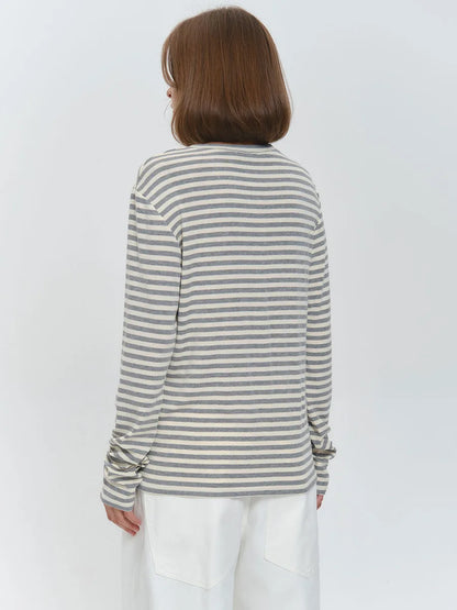 Bornladies Autumn New Fashion Women Cotton Striped Long Sleeve T Shirt Office Casual Simple Round Neck Pullover Tops & Tees
