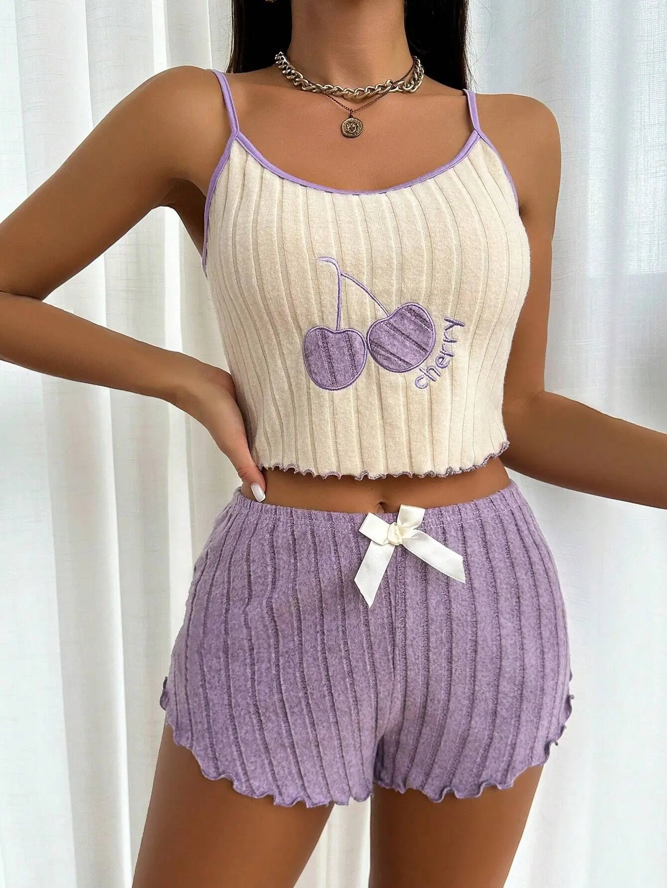 New Womens Summer Brushed Pajama Set Cute Y2K Embroidered Cherry Ribbed Cami Top Ruffle Shorts Two Piece Loungewear Sleepwear