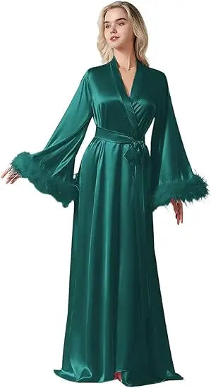 Long Feather Sleeve Bathrobe Sexy Ice Silk Kimono Wedding Bride Dress Women Loose Sleepwear Loungewear Casual Nightgown