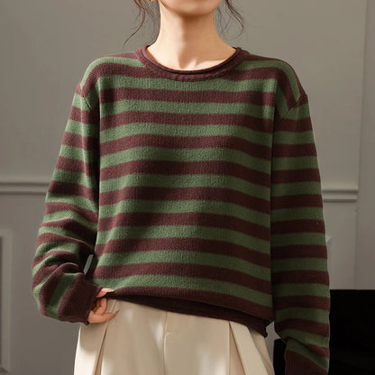 Fashion 100% pure cotton women's sweater autumn and winter casual striped knitted top loose Korean round neck women's pullover