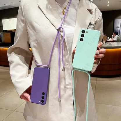 Crossbody Lanyard Soft Case For Samsung Galaxy S23 FE S25 Edge S26 S24 Ultra A17 A57 A37 A55 A56 A16 5G Liquid Silicone Cover