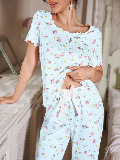 New European and American style loose-fitting women's pajamas, floral short-sleeved long pants home wear, casual two-piece set s