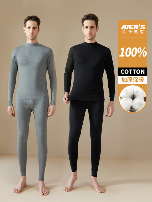 100% Cotton Mid-Neck Autumn Clothing and Pants Men's Set Pure Cotton Winter Cold-Proof Base Warm Underwear Men's Style