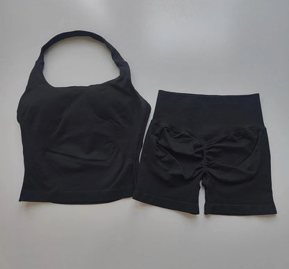 2PCs Peach High Waist Belly Hip Lifting Sports Bras Shorts Suit Gathering Shock-proof Neck Halter Yoga Suit Running Fitness Set