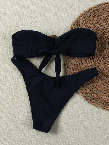 Bandeau Push-Up Bikini - Sexy Two Piece Swimsuit with Brazilian Thong & Button Detail