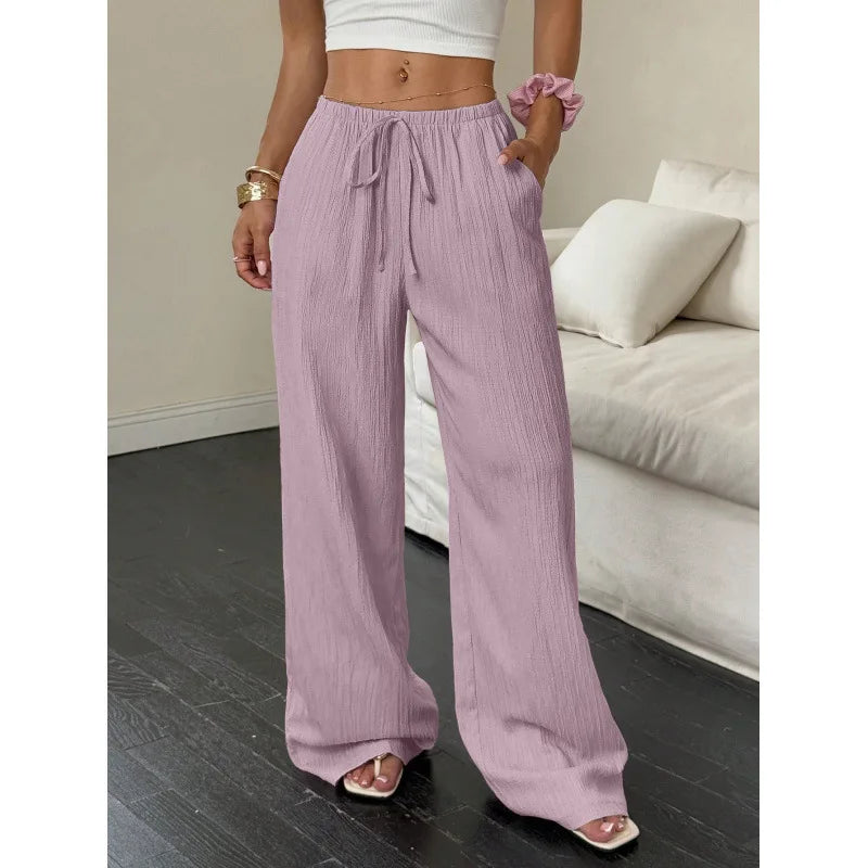 Women's Elegant Multi-Functional Stretch Waist Comfortable Casual Pants, Slightly Stretchy Simple Solid Textured Fabric High-Waist Wide-Leg Pants with Drawstring Waist and Slanted Pockets