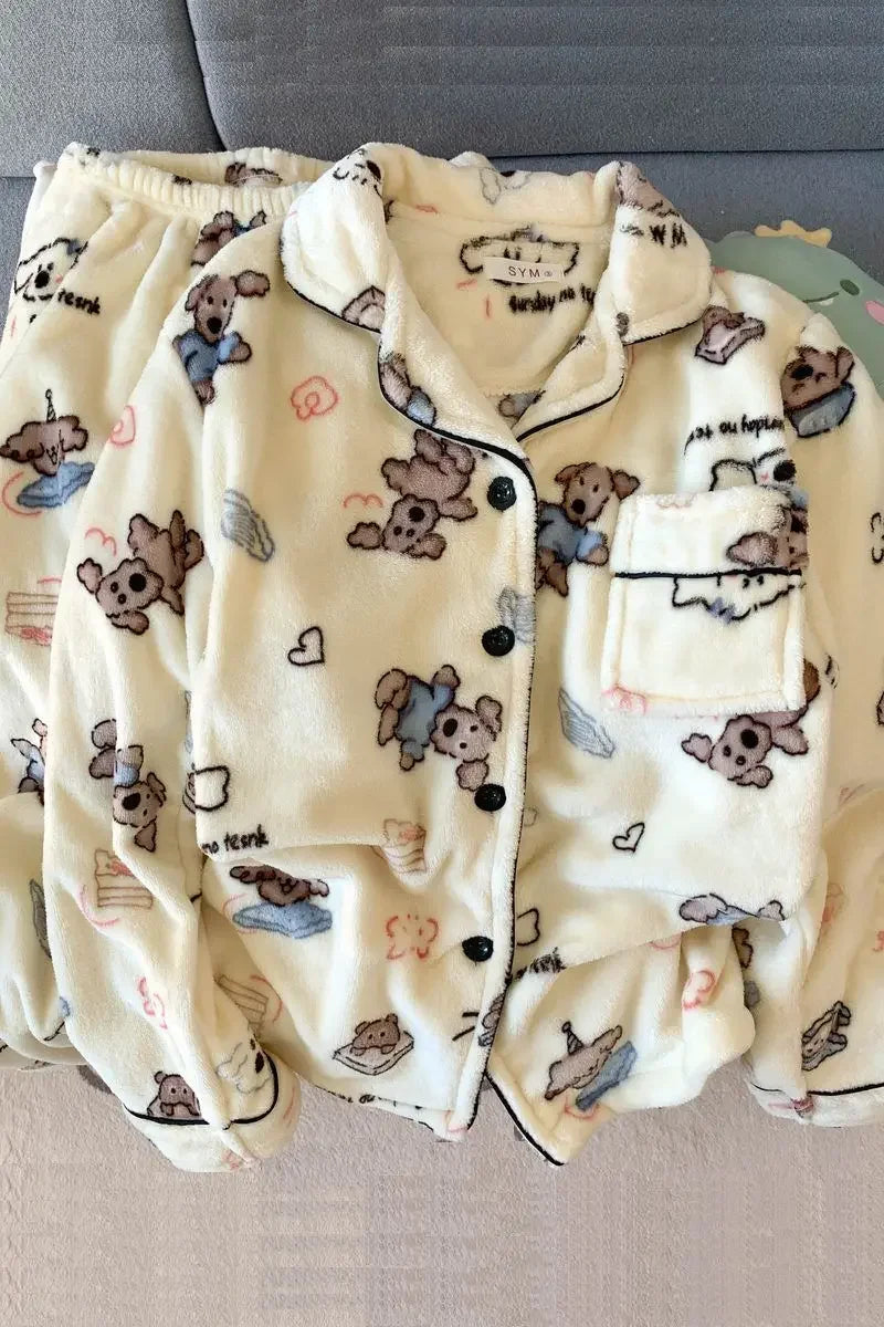 Plus Size Fluffy Winter Pajamas Women's Home Clothes Set Thickened Warmth Sleepwear with Running Dogs Design Cozy Indoor Suit