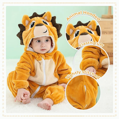 Baby Winter Rompers - Soft Polyester Hooded Jumpsuit With Animal Pattern, Machine Washable