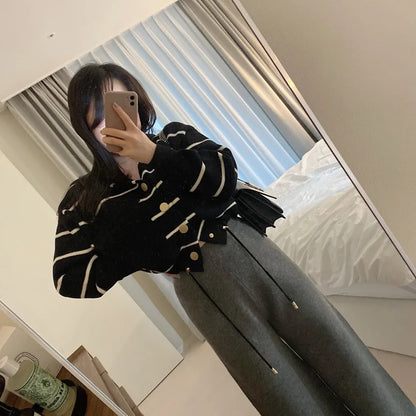 Loose Women's Knitted Cardigan Coat with Big Pockets Striped Splicing Drawstring Hem Single Buttoned Open Front Sweater