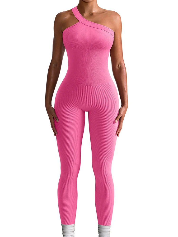 Women Yoga Jumpsuit – Ribbed One Shoulder Sleeveless Fitness One Piece, Breathable Activewear