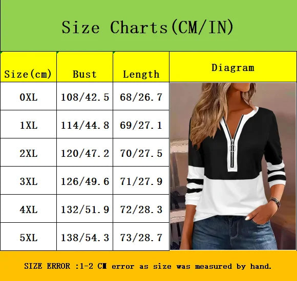 Plus Size Long Sleeve T-Shirt – Loose Fit Striped Top with Color Block Zipper