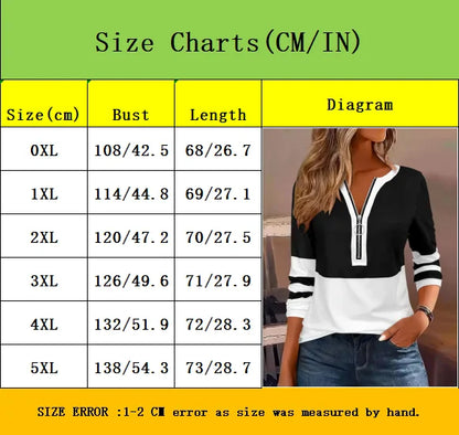 Plus Size Long Sleeve T-Shirt – Loose Fit Striped Top with Color Block Zipper