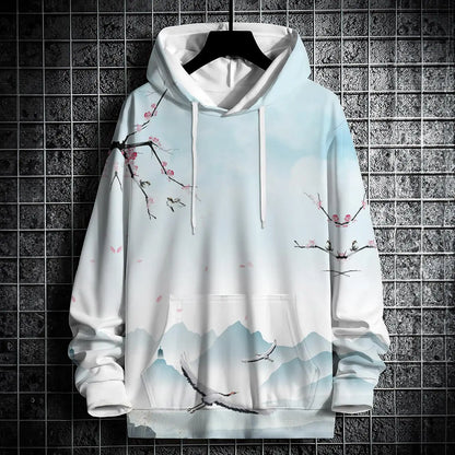 Autumn Hoodies For Men 3d Landscape Ink Print Street Designer Long Sleeved Loose Oversized Pullover Fall Fashion Men's Clothing