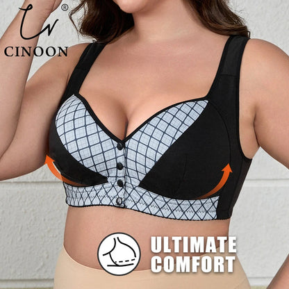 CINOON Women Plus Size Front Closure Wireless Bra Printed Wide Straps Lift Gather Full Coverage Everyday Breathable Soft Intimat