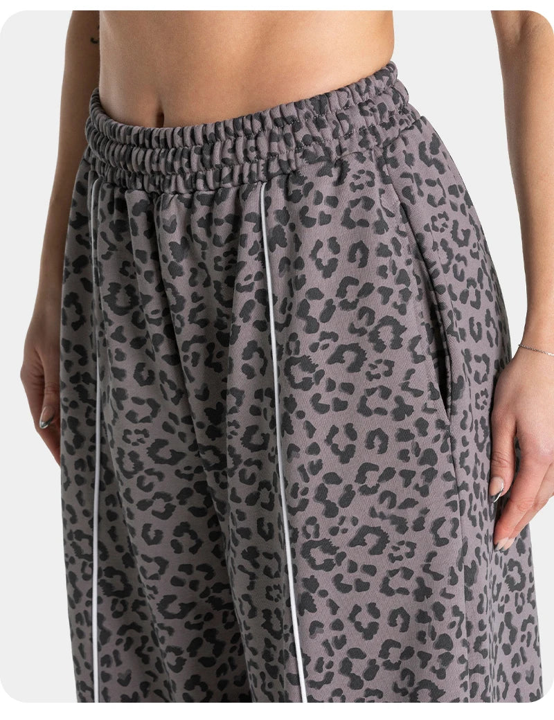 Women High Elastic Leopard Print Yoga Pants Loose Wide Leg Fitness Workout Pants Butt Lifting Slim Casual Sports Trousers