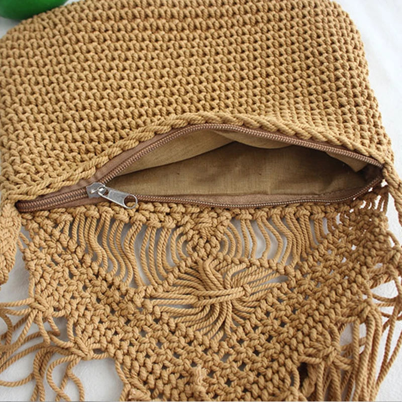 Handmade Cotton Crossbody Bag - Vintage Tassel Shoulder Messenger for Women Summer Beach Handbag 2023