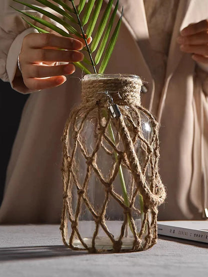 Hand Woven Hemp Rope Glass Vase - Boho Nordic Dry Flower Decor