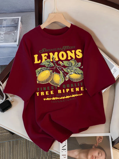 Lemons Fruits Premium Fresh Printing T Shirt Woman Loose Cotton Sportswear O-Neck Casual T Shirts Loose All-Match Short Sleeve
