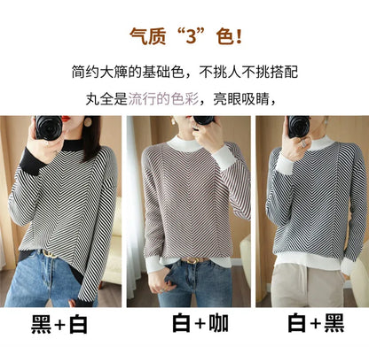 Women's autumn and winter 100% pure cotton knitted semi high neck pullover casual striped warm sweater fashionable hot selling