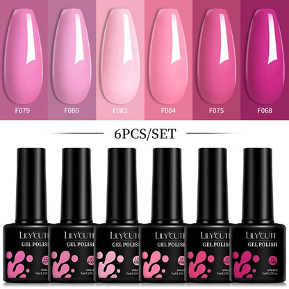 Bright Pink Gel Nail Polish Set - 6Pcs 7ML Semi-Permanent Soak Off UVLED Varnish Kit