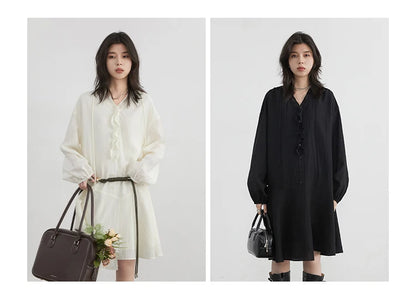 Women Loose Dress - Casual V-Neck Long Sleeve A-Line Knee Dress With Ruffled Lantern Sleeves