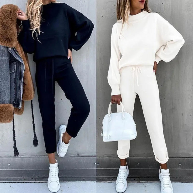 2025 Autumn and Winter Women's Sweater High Collar Casual Pure Color Trousers Two-piece Set