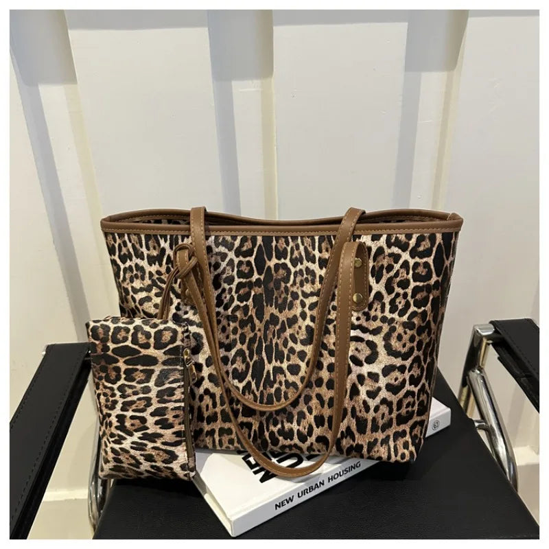 Leopard Print Tote Bag - Women's PU Leather Large Capacity Casual Travel Purse