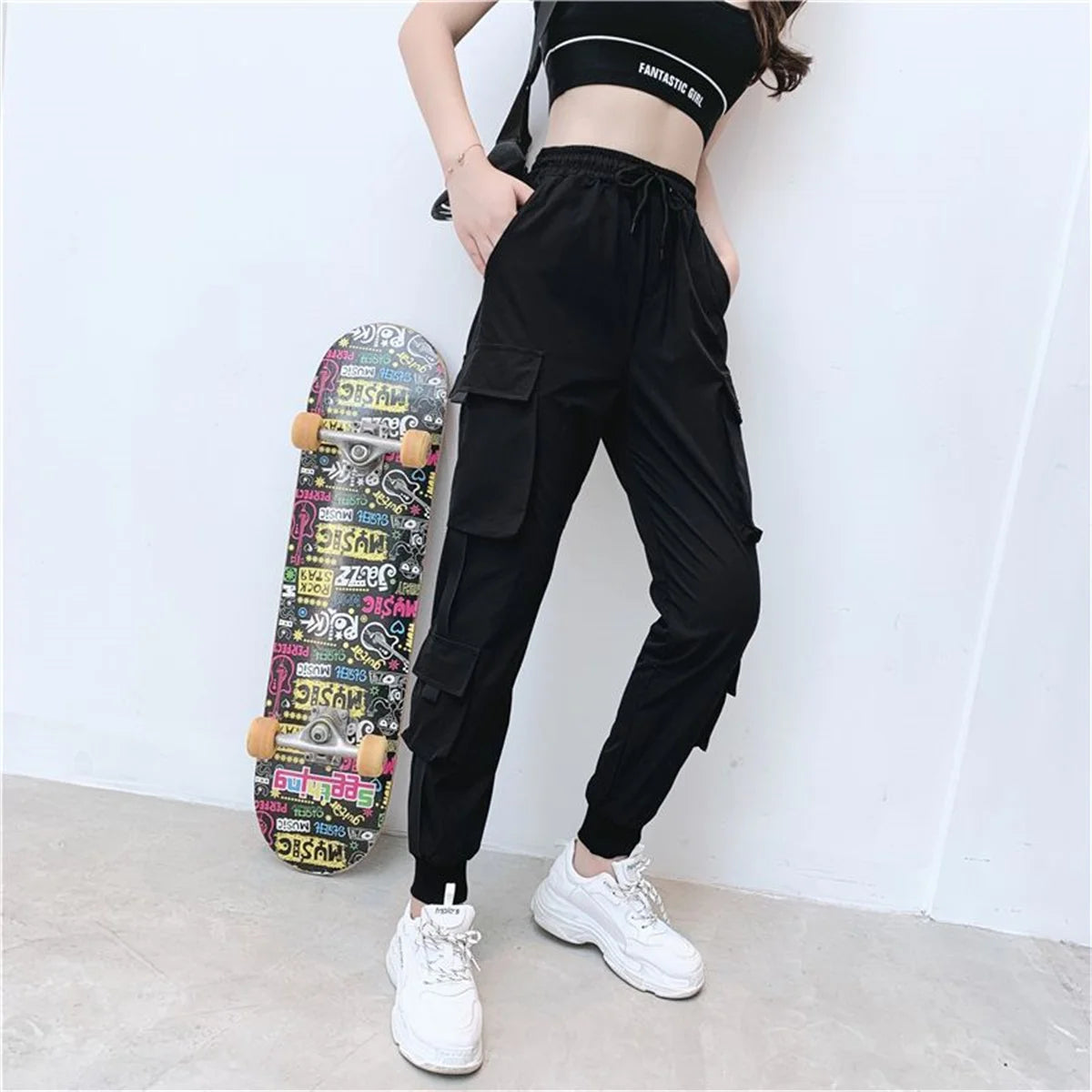 Black Cargo Pants Women Casual Joggers High Waist Loose Female Hip Hop Trousers Korean Punk Pants Funny Capri Streetwear Femme