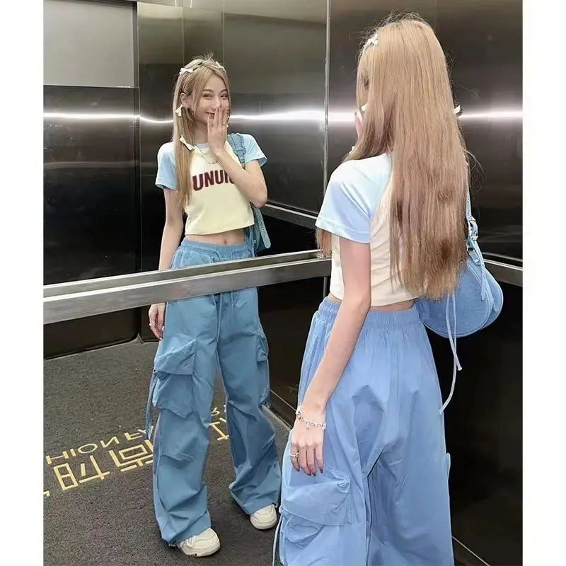 Blue Sweet Embroidered Casual Trousers Women Japanese Versatile Trend Summer High Waist Loose Multi Pocket Wide Leg Cargo Pants