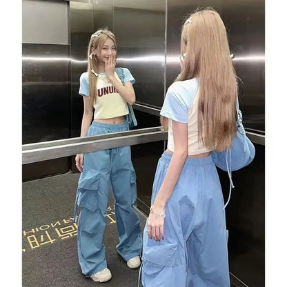 Blue Sweet Embroidered Casual Trousers Women Japanese Versatile Trend Summer High Waist Loose Multi Pocket Wide Leg Cargo Pants