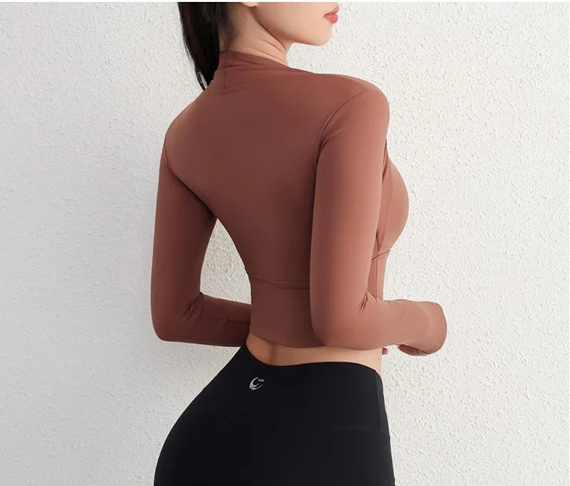 Women Yoga Crop Top | Slim Fit Long Sleeve Shirt - Breathable Knitted Sportswear for Fitness