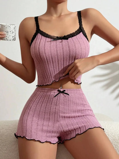 Summer New Womens Ribbed Knit Pajama Set Lace Trim Bow Cami Crop Top Lettuce Hem Shorts Loungewear Sleepwear Cute Soft 2 Piece