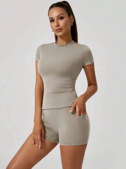 Women's Sweet Sports Short Sleeve High Waist Tummy Control Butt Lifting Shorts Set
