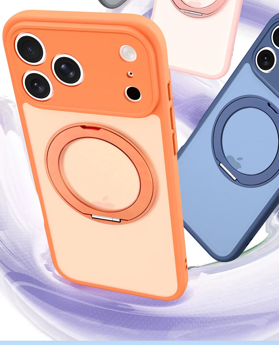 360 Rotating Magnetic Stand Case for iPhone 17 15 14 13 16 Pro Max Air for Magsafe Stress Relief Ring Holder Full Lens Cover