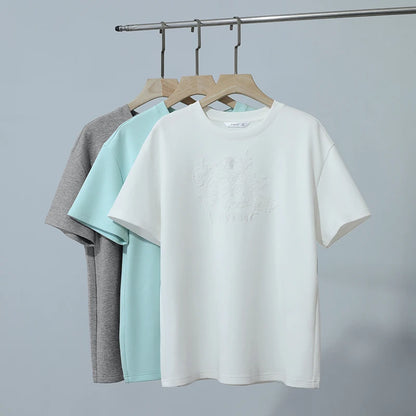Amii Women's T-Shirt 2026 Summer New Round Neck Drop Shoulder Cotton Tee Lace Embroidered Woman Loose Fit knit Tops 12622048