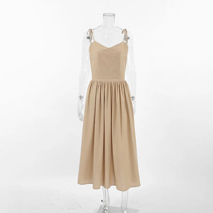 Aynaray 2024 Spring Summer Women Holiday Solid Backless Dress V-neck Spaghetti A-Line Flare Midi Dress For Women