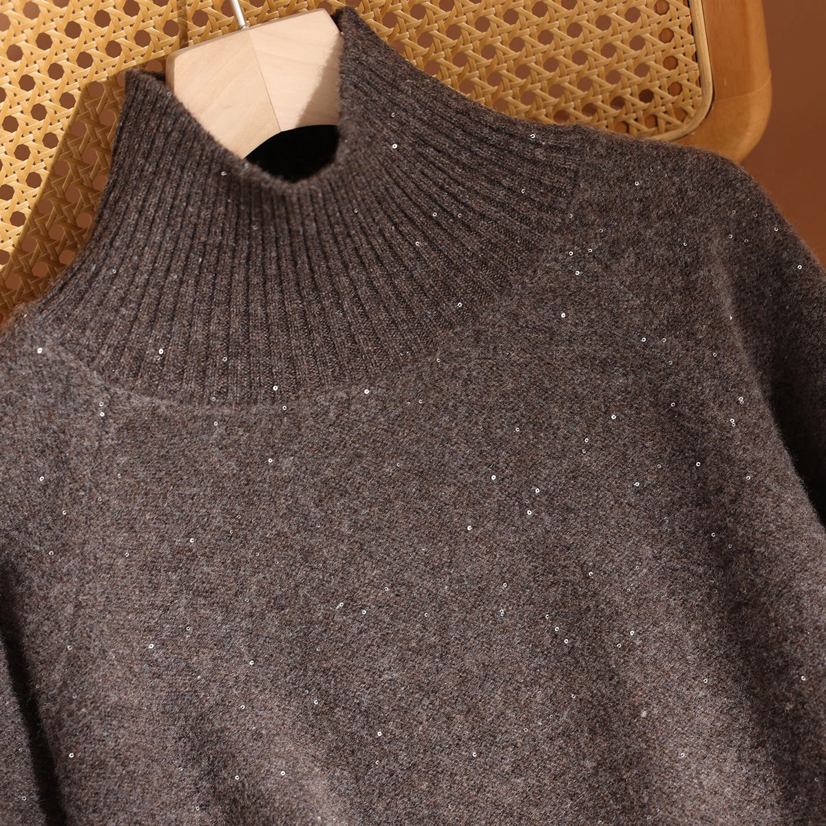 Autumn Winter Women's Sequins 100% Wool Knitted Turtleneck Pullover Sweater Wide Leg Pants Set Thick Casual Cashmere Knit Set