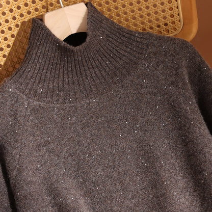 Autumn Winter Women's Sequins 100% Wool Knitted Turtleneck Pullover Sweater Wide Leg Pants Set Thick Casual Cashmere Knit Set